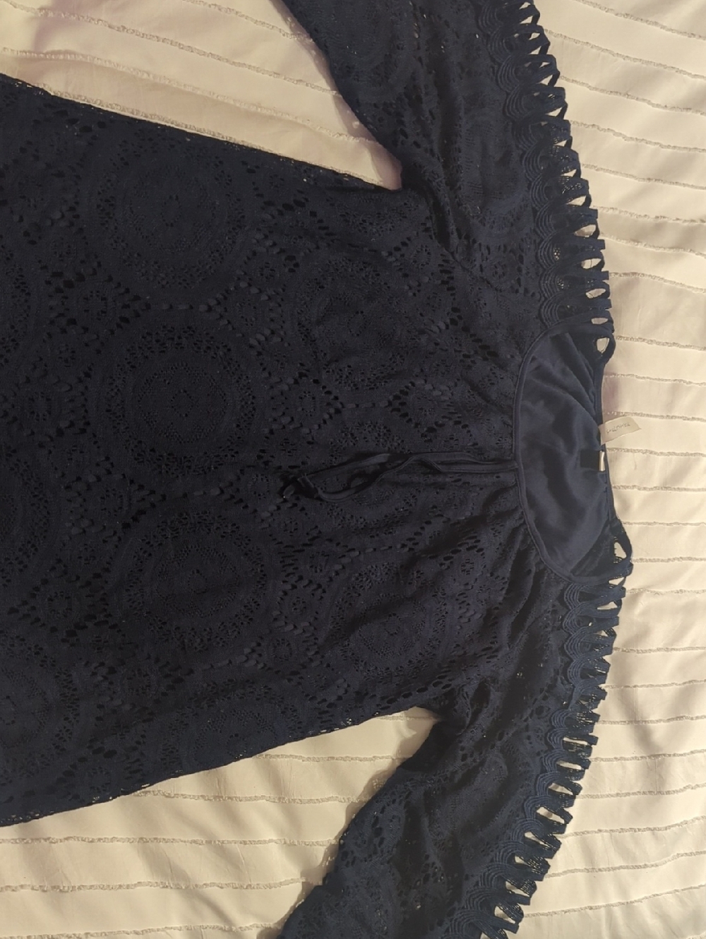 Tacera Navy Crochet Lace Long Sleeve Blouse